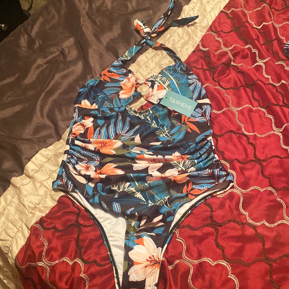 TASHEHE Floral One Piece Swimsuit O Ring